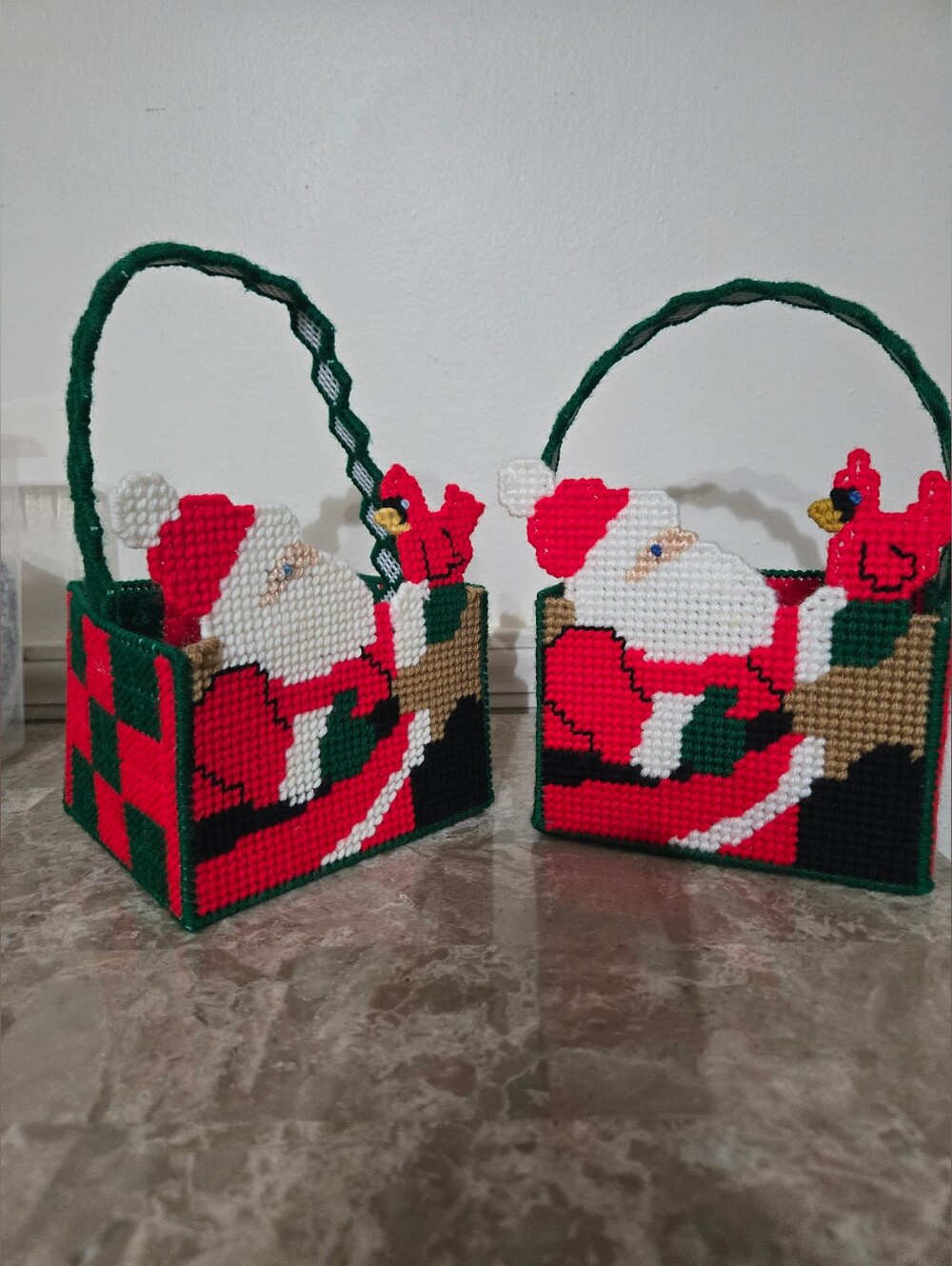 Vintage Handmade Cross-stitch Santa Treat Caddies - Set of 2